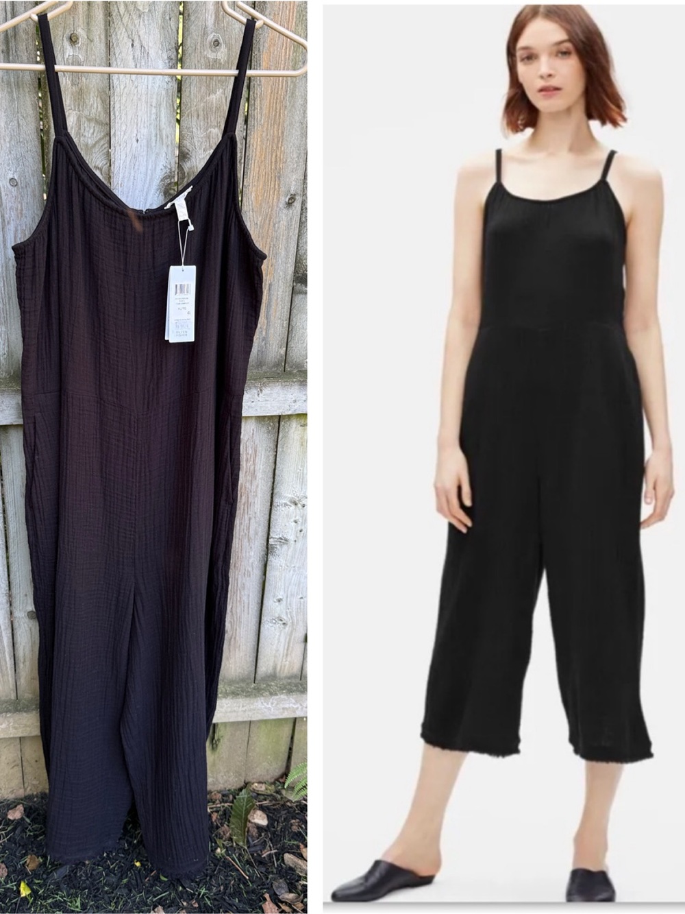 Eileen Fisher NWT Organic Cotton Lofty Gauze Cami Jumpsuit wide leg pockets XL